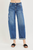 Slouchy Cropped Barrel Jeans With Flower Patch