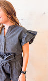 Ruffled Armhole Washed Denim Romper
