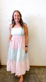Stripes Elastic Shoulder Strap Tiered Dress