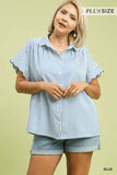 Curvy-Striped Button-down Top With Scallop Sleeves
