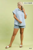 Curvy-Striped Button-down Top With Scallop Sleeves