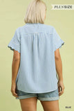 Curvy-Striped Button-down Top With Scallop Sleeves