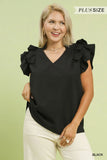 Curvy-Textured Ruffle Sleeve V-neck Blouse