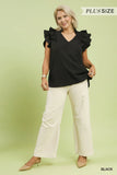 Curvy-Textured Ruffle Sleeve V-neck Blouse
