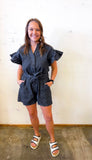 Ruffled Armhole Washed Denim Romper