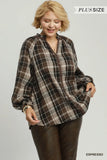 Curvy-Plaid Button Down Long Sleeve Relaxed Top