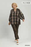 Curvy-Plaid Button Down Long Sleeve Relaxed Top