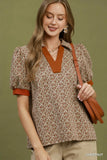 Printed Collared Puff Sleeve Top