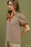 Printed Collared Puff Sleeve Top