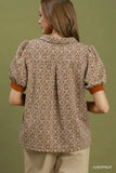 Printed Collared Puff Sleeve Top