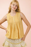 Half Button Down Pintuck Sleeveless Woven Top