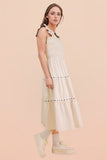 Smocking Detail Solid Woven Midi Dress