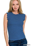Ribbed Ruffle Trim Sleeveless Stripe Top