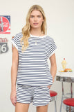Stripe Contrast Trim Short Sleeve Relaxed Knit Top