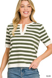 Split Neck Stripe Short Sleeve Sweater