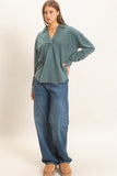 Mineral Washed Polo Collar Long Sleeve Top