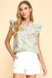 Floral Printed Ruffled Neck And Sleeves Top