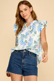 Blue Floral Print Blouse With Ruffle Cap Sleeves