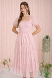 Polka Dot Tulle Puff Sleeve Smocked Tiered Midi Dr