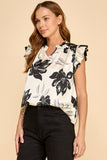 Floral Ruffle Sleeve V-neck Woven Top