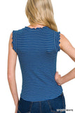 Ribbed Ruffle Trim Sleeveless Stripe Top