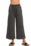 Acid Washed Fleece Pintuck Wide Leg Cropped Pants