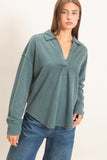 Mineral Washed Polo Collar Long Sleeve Top