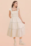 Smocking Detail Solid Woven Midi Dress