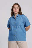 Plus Chambray Button Down Short Sleeve Top