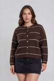 Plus Thin Stripe Round Neck Button Down Cardigan
