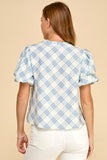 Light Blue Plaid Puff Sleeve Top