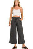 Acid Washed Fleece Pintuck Wide Leg Cropped Pants