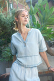 Washed Denim Split Neck Short Sleeve Top