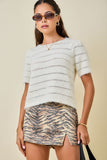Fuzzy Sweater Stripe Seam Knit Top W/ Puff Short Sleeve