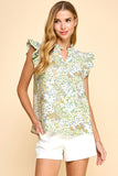 Floral Printed Ruffled Neck And Sleeves Top