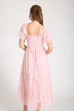 Polka Dot Tulle Puff Sleeve Smocked Tiered Midi Dr