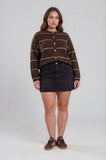 Plus Thin Stripe Round Neck Button Down Cardigan