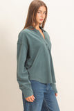 Mineral Washed Polo Collar Long Sleeve Top