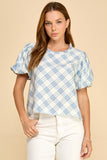 Light Blue Plaid Puff Sleeve Top