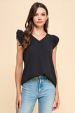 Solid Top With V Neck Detail And Ruffled Sleeves
