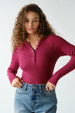 Micro-ribbed Snap Henley Long Sleeve Top | Fitted Stretch Knit Tee