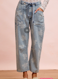 Rose Printed Washed Denim Pants With Waist Belt