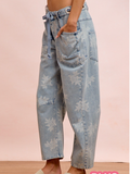 Rose Printed Washed Denim Pants With Waist Belt