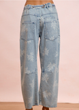 Rose Printed Washed Denim Pants With Waist Belt